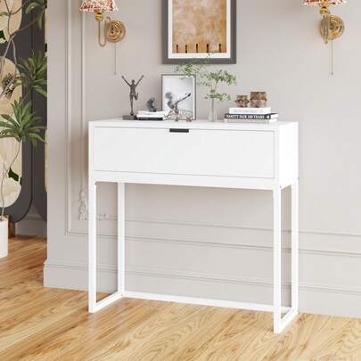 Narrow White MDF Board Table Top Console Table With 2 Fabric Drawers And Storage Shelf For Entryway Hallway Living Room