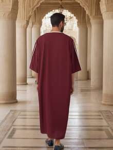New Middle Eastern Arabic Long Robe With Embroidered Pocket, Muslim Men's Robe - Burgundy - View 2