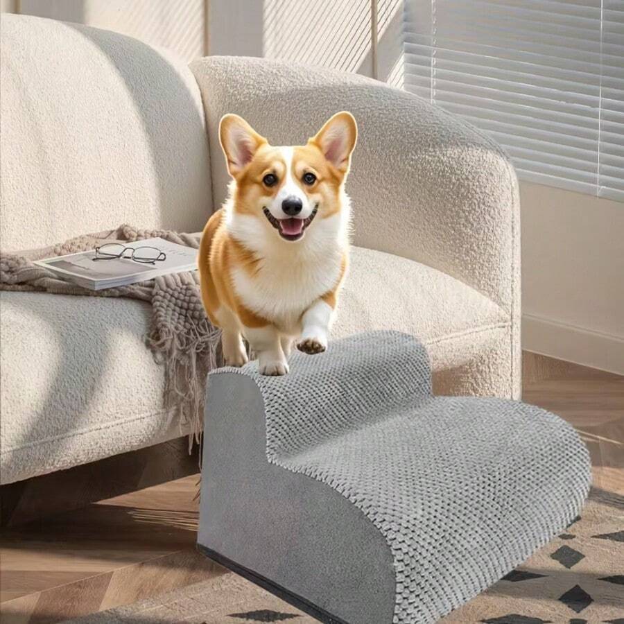 Extra Wide Dog Stairs For Small Dogs - High Density Foam Pet Steps With Non-Slip Bottom, Soft Cushioned Ramp For High Beds, Couch & Sofa, Injured,  Stairs For Dogs, Furniture Access, Compact Design, Elderly Pets - Grey - View 1