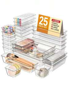 1/11/18/25 Stück Kunststoff Schubladenorganizer Set, 4 Größen, Schminktisch Organizer Box, Schminktisch und Schreibtisch Schubladenorganizer Tablett, Schlafzimmer, Badezimmer, Küchenutensilien und Büroorganizer und Aufbewahrung (transparent), multifunktionales Organizer Set, Raumdekoration - Transparent - Übersicht 1