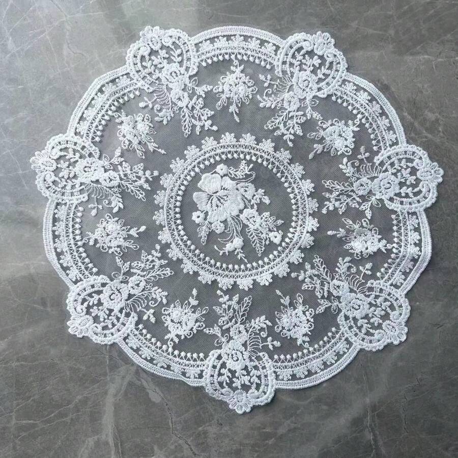 Handmade Style Embroidered Lace Doily Vintage Round Placemat White Floral - trắng - Xem 1