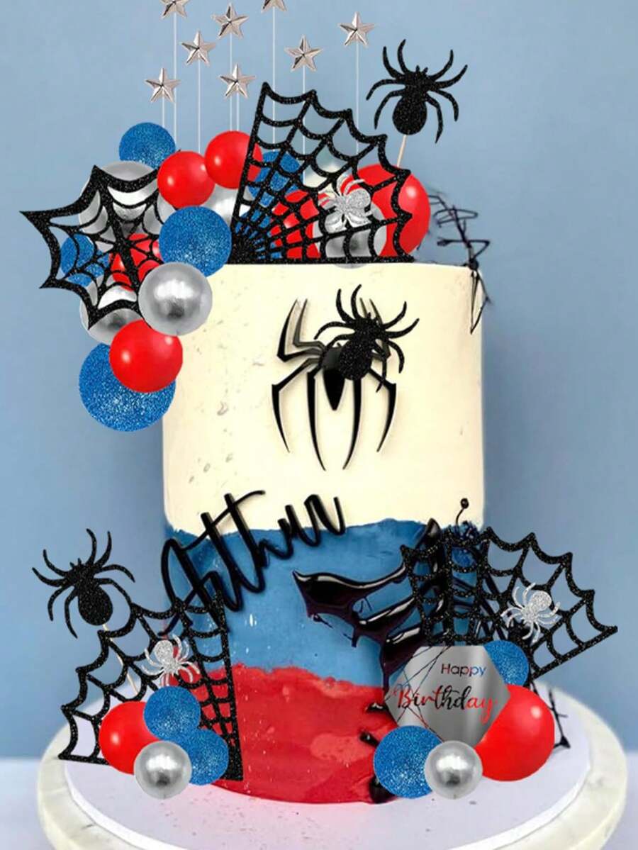 适合 1-9 岁儿童的蜘蛛生日蛋糕装饰，蜘蛛网主题生日快乐蛋糕装饰，生日派对浴室装饰用品 - 彩色 - 查看 1