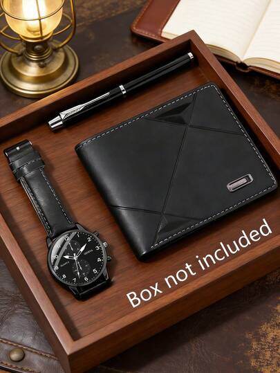 3-Piece Luxury Business Men's Watch Set, Including 1 Black Dial Multi-Function Quartz Watch With Black Leather Strap, 1 Black Embossed Leather Wallet, And 1 Metal Pen. The Overall Style Is Steady And Elegant, Exuding A Mature And Stable Elegant.