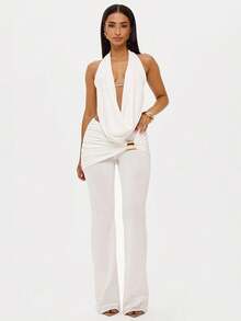 2026 New Neck Swing Collar Halter Strap Top Metal Buckle Micro-Pull Trousers Two-Piece Set - 白色 - 查看 1