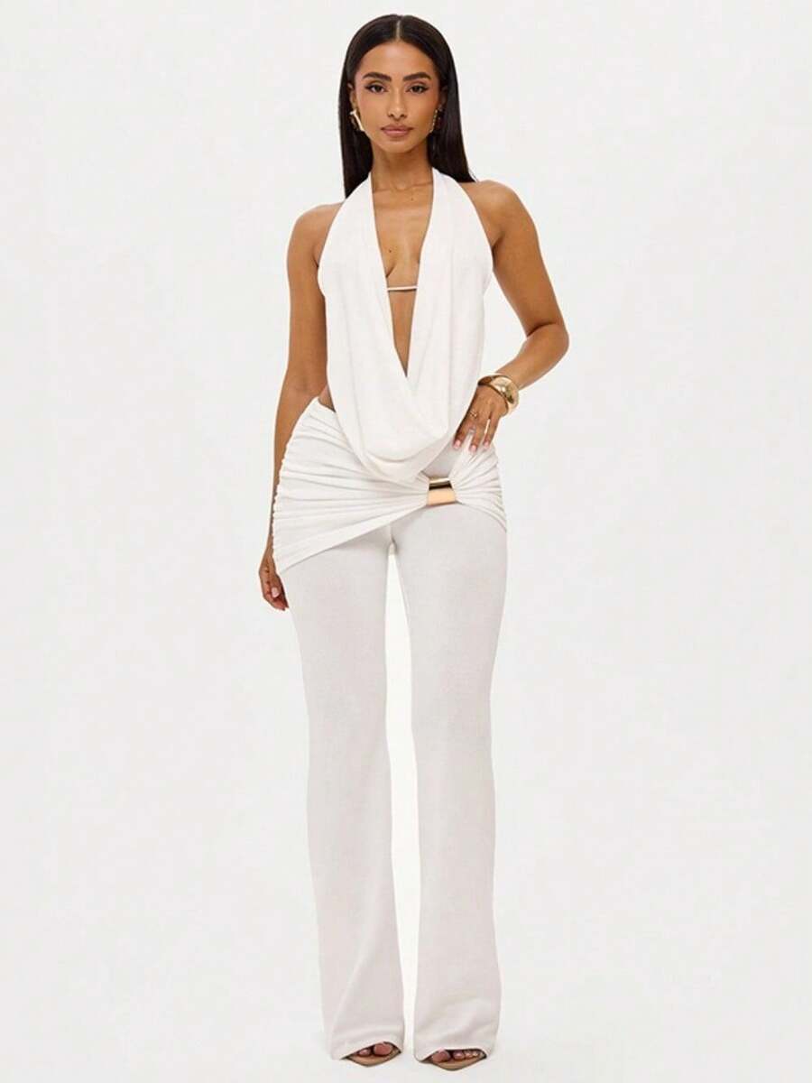 2026 New Neck Swing Collar Halter Strap Top Metal Buckle Micro-Pull Trousers Two-Piece Set - 白色 - 查看 1