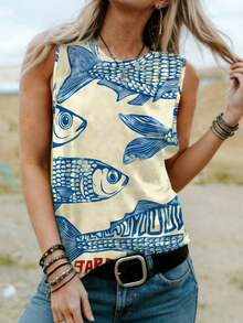 波西米亚海滩风女士热带鱼印花休闲圆领无袖上衣，适合春夏穿着 - 杏色 - 查看 6