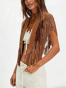 elfnokto Women's Western Cowgirl Style Solid Color Fringe Patchwork Poncho Jacket Vacation Brown Fall - Brown - View 6