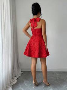 Đầm mini dáng xòe không tay, cổ yếm, yếm, chất liệu jacquard, dành cho nữ, thích hợp mặc hàng ngày, hẹn hò và dự tiệc, phong cách thanh lịch kiểu Pháp. - Đỏ - Xem 3