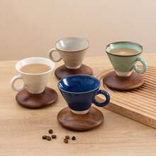 一套150毫升/5盎司独特锥形设计咖啡杯，配相思木杯垫，复古反应釉陶瓷咖啡杯碟套装，适用于家庭、餐厅、聚会和办公室。 - 彩色 - 查看 8