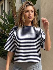 Women 3/4 Sleeve T-Shirts Stripe Crew Neck Casual Shirts Summer Fashion Loose Fit Tops Streetwear - màu đen - Xem 4