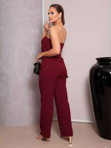 Tailored Strapless Blouse And High-Waisted Wide-Leg Pants Set - Spring/Summer/New Year's Plus Size REF: Liz - 紅木色 - 查看 3