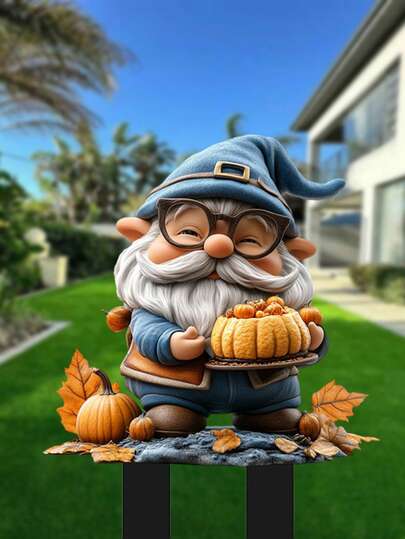 1个手持南瓜的迷人花园小矮人亚克力插杆 - 充满活力的家居和庭院装饰，独立式户外节日摆件，色彩缤纷的亚克力户外装饰品，防风防晒，无需电源或电池，草坪和盆栽植物标记，适用于花园、草坪和庭院装饰，理想的节日礼物，2D平面设计