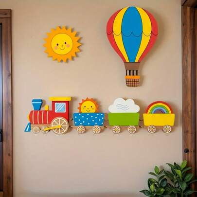 3pcs 2D Flat Wooden Set Including Train, Sun, Hot Air Balloon - Rainbow And Cloud Creative Design, Suitable For All Seasons, Interesting Art Piece, Wood, Decorative Wall Plaque, Interior Design