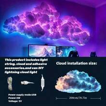 OBOVAY 1pc 200cm/400cm Smart Cloud Lamp, DIY Thunder Cloud LED Light (Single), Rhythm Music Night Light, USB Powered Wall-Mounted Giant Cloud Lamp - Made Of ABS Resin, Dimmable - Colorful Atmosphere Night Light, Ideal For Gaming Room And Party (Light Source Included) - Popular Christmas Gift, Suitable For Office, Bedroom, Gaming Room, Hotel, Party And Restaurant Holiday Decoration - Multicolor - View 15