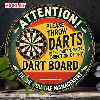 1个带有游戏标志的2D扁平圆形金属标牌，复古设计圆形金属墙饰，复古风格，7.8 x 7.8英寸圆形铁质飞镖靶标牌，金属墙饰，适用于家庭、车库、餐厅、咖啡馆