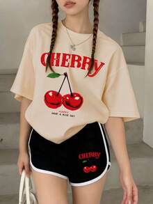 2pcs/Set Cherry Print Casual Fashion Creative T-Shirt + Shorts Set, Summer Vacation For Teenage Girls - Apricot - View 8