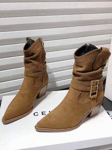 Botas de tobillo con tacón grueso y punta puntiaguda, estilo coreano para primavera/otoño 2025. Botas vaqueras occidentales vintage de ante plisado y holgadas para mujer - Marrón - Ver 2
