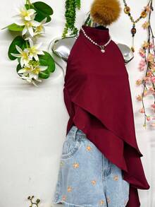 T124 White Sleeveless Turtleneck Blouse, Elegant Asymmetrical Ruffle Design - Burgundy - View 4