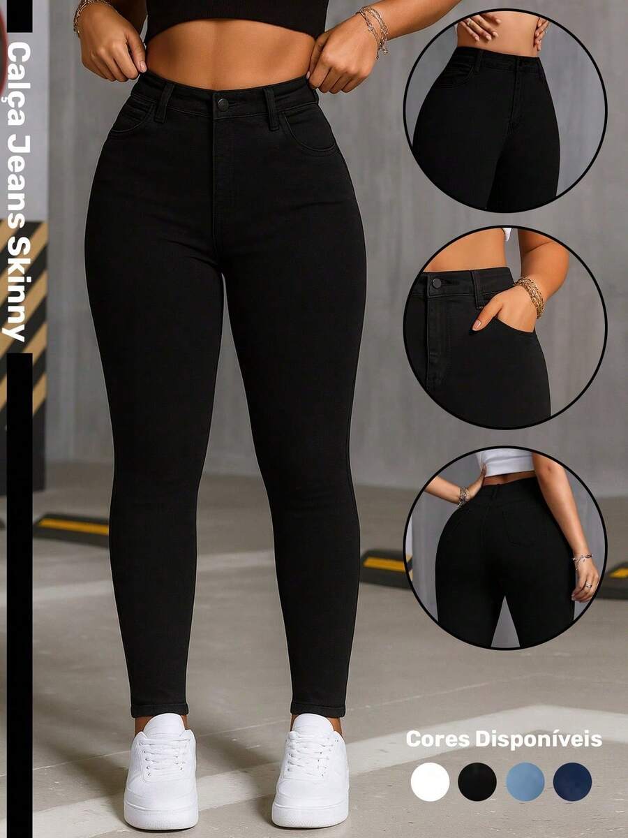 Women's Skinny Jeans, Fitted Style, High Waist, Butt-Lifting, Slim Fit, Casual And Sophisticated Look, Black - 黑色 - 查看 1