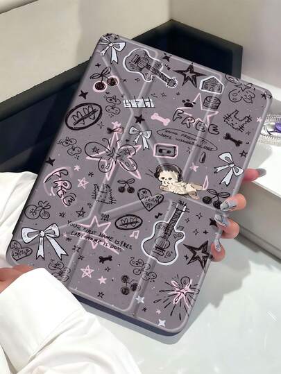 Doodle Cat Guitar Pattern Tablet Case Compatible With Air 11-Inch M3 2025 / M2 2024, Air 5th Generation 2022 , (A16) 11 Inch 11th Generation 2025,Compatible With Samsung Galaxy Tab,Kindle Paperwhite 12th Gen 2024, Clear Back ,Fashion Pattern Protective Case,Autlueomatic Sleep And Wake-Up Function, Airbag Protection, Suitable For Gifts And Office Use