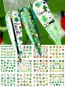 12片绿色四叶草图案美甲贴纸，幸运四叶草卡通马蹄铁心形美甲贴花，圣帕特里克节水转印美甲装饰，春夏可爱美甲沙龙用品 - 彩色 - 查看 4