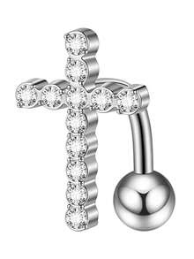 1PC Stainless Steel Reverse Zirconia Cross Belly Button Ring 14G Zirconia Dangle Reverse Navel Piercing Hook Piercings Jewelry - As Shown - View 9