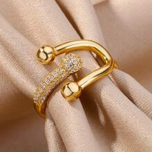 Cincin Zirkonia Silang Ganda untuk Wanita, Berlapis Emas 18K, Cincin Pernyataan, Perhiasan Pasangan, Aksesori Jari, Pemakaian Sehari-hari, Hadiah Hari Valentine - MultiWarna - View 3