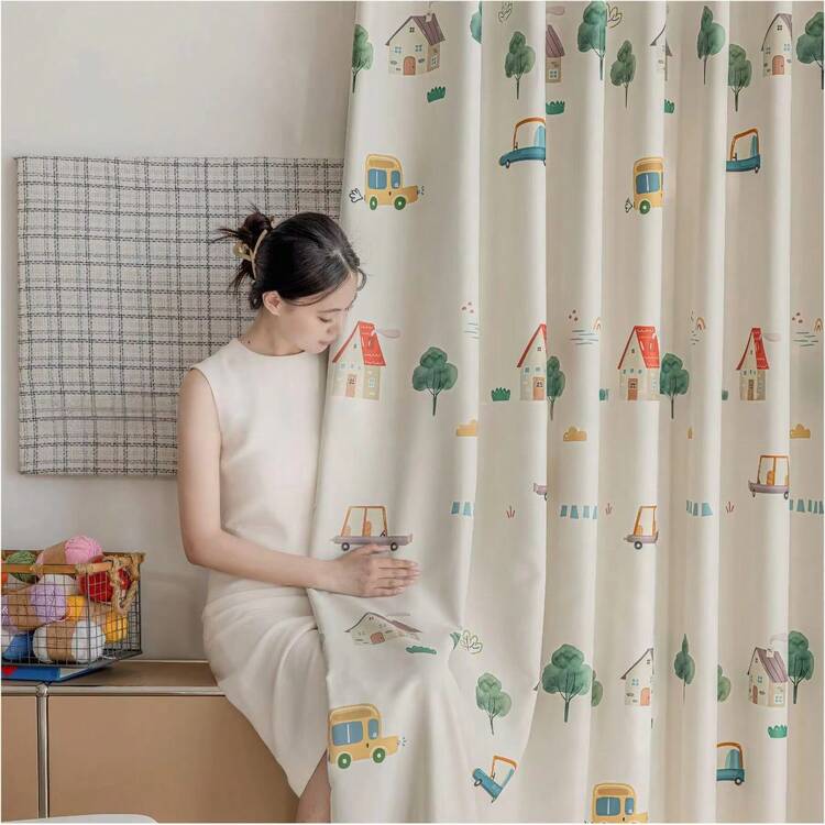 1 pieza, Cortinas para niños y niñas con estampado de cabaña de arcoíris lindo y de dibujos animados, semi-opacas para dormitorio, sala de estar - Multicolor - Añade 10