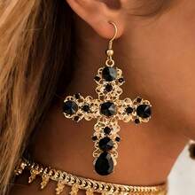 1pair Rhinestone Cross Drop Earrings - Black - View 6