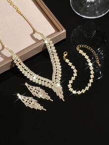 奢华水晶流苏新娘首饰套装，银色水晶项链耳环手链，适合结婚纪念日、节日、新年礼物 - 1793799金色 - 查看 4