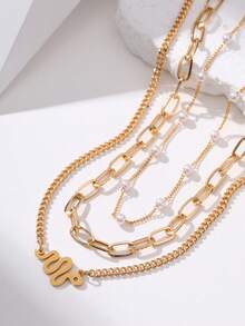 3pcs Paper Clip Necklace, Pearl Bracelet, Twisted Copper Snake Necklace Jewelry Set, Elegant & Fashionable Neck Accessories - Yellow Gold - View 7