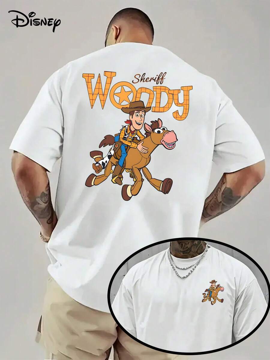 [Authorized By Disney ]1pc, Official Toy Story Woody Vintage Printed T-Shirt Men's Casual Shirt, Machine Washable Pixar Movie Collection, Men's Clothing. - White - View 1