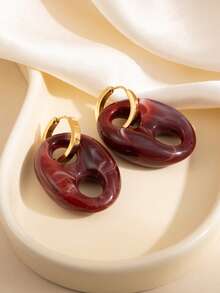 1 Pair Exquisite And Versatile Double Hole Elliptical Earrings With Gold Plated Earrings+Blue Pattern Resin+Fresh Texture Women's Daily Wear Earrings - Gold - View 5