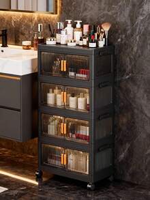 1个40/50/60厘米可折叠储物柜,1-5层双门储物整理柜,加厚塑料带轮储物柜,客厅玩具零食多层柜,衣物收纳柜,家用防尘置物架 - 黑色透明 - 查看 10