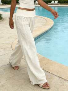 Pantalones de cintura ancha y piernas anchas plegables de lino bohemio Y2K para mujeres, pantalones Palazzo relajados de cintura baja de color sólido, pantalones de playa cómodos en verano, adecuados para el ocio diario - Beis - Ver 3
