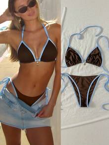 女士泳衣比基尼性感比基尼蓝棕色波点女装比基尼/时尚穿搭/Y2K风格穿搭/休闲/复古/西部风女装/夜店/海滩休闲装春夏泳装 - 藍棕色 - 查看 5