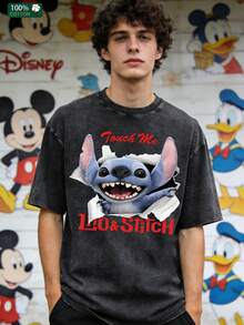 Disney Stickey Weird Hole Print | Street Style Vintage Loose T-Shirt For Men - Summer 180g Washed Cotton - 黑色 - 查看 1