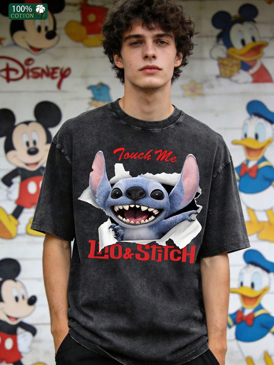 Disney Stickey Weird Hole Print | Street Style Vintage Loose T-Shirt For Men - Summer 180g Washed Cotton - 黑色 - 查看 1