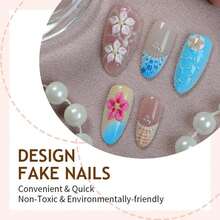 Summer Flower Press On Nails Medium French Tip Fake Nails 3D Pearl Flower Acrylic Nails Tropical Flowers Ocean Style Handmade False Nails Almond Glue On Nail Spring Summer Artificial Nail 30Pcs - Màu A - Xem 5