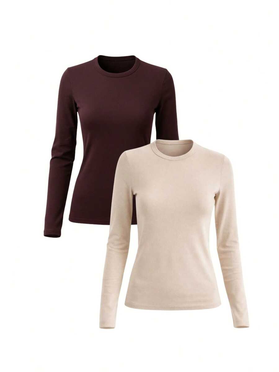 UZUN KOL IKILI BISIKLET YAKA PAMUK KADIN BASIC T-SHIRT - Multicolor - View 1