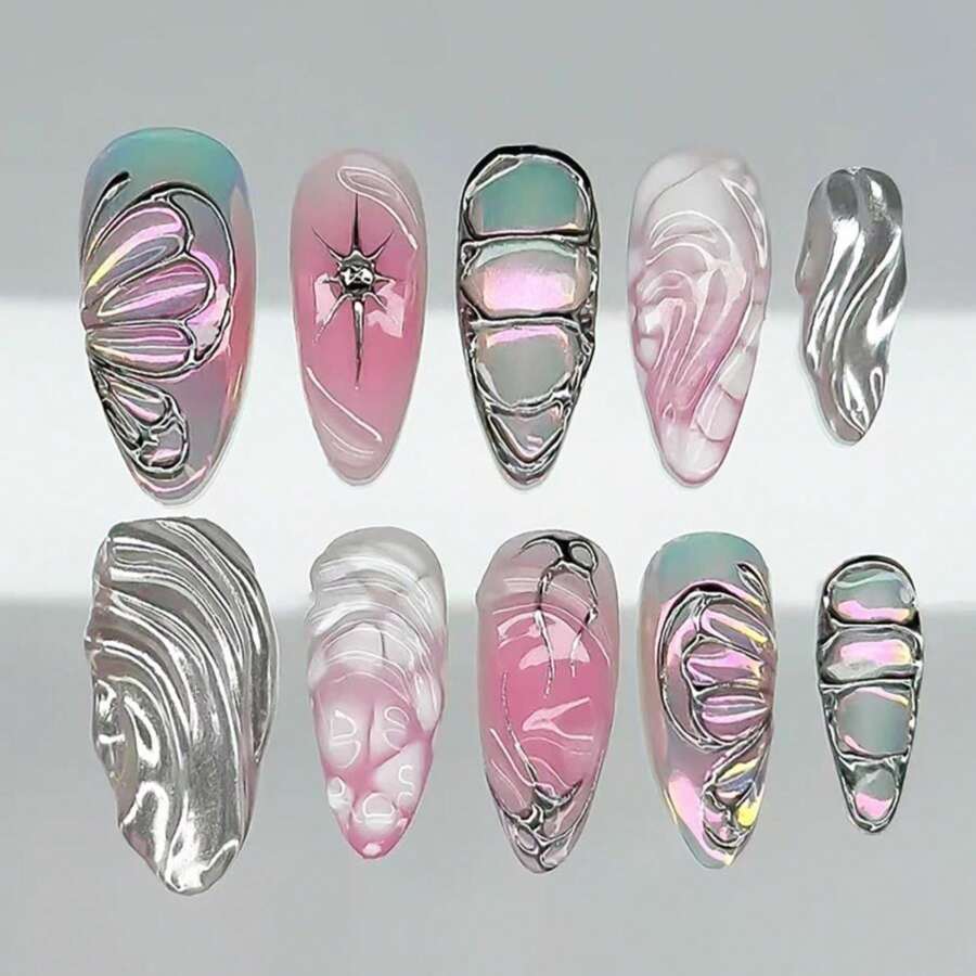 24Pcs Almond Press On Nails Medium Length Silver Butterfly Fake Nails With 3D Designs Star Full Cover Stick On Nails Pink Blue Gradient False Nail Reusable French Acrylic Nail For Women Nail Supply - ColorA - 查看 1