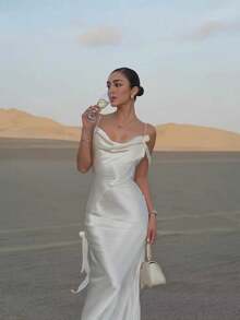 2026 Spring And Autumn Women's Dress Celebrity Pure Desire White Satin Halter Party Dress - Blanco - Ver 1