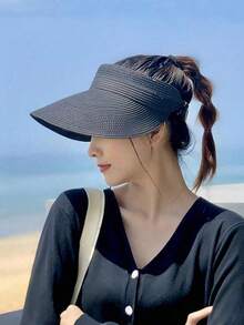 1pc Women's Fashionable Straw Sun Hat, Large Brim, Foldable & Rollable, Summer Beach Sun Protection - Multicolor - View 3
