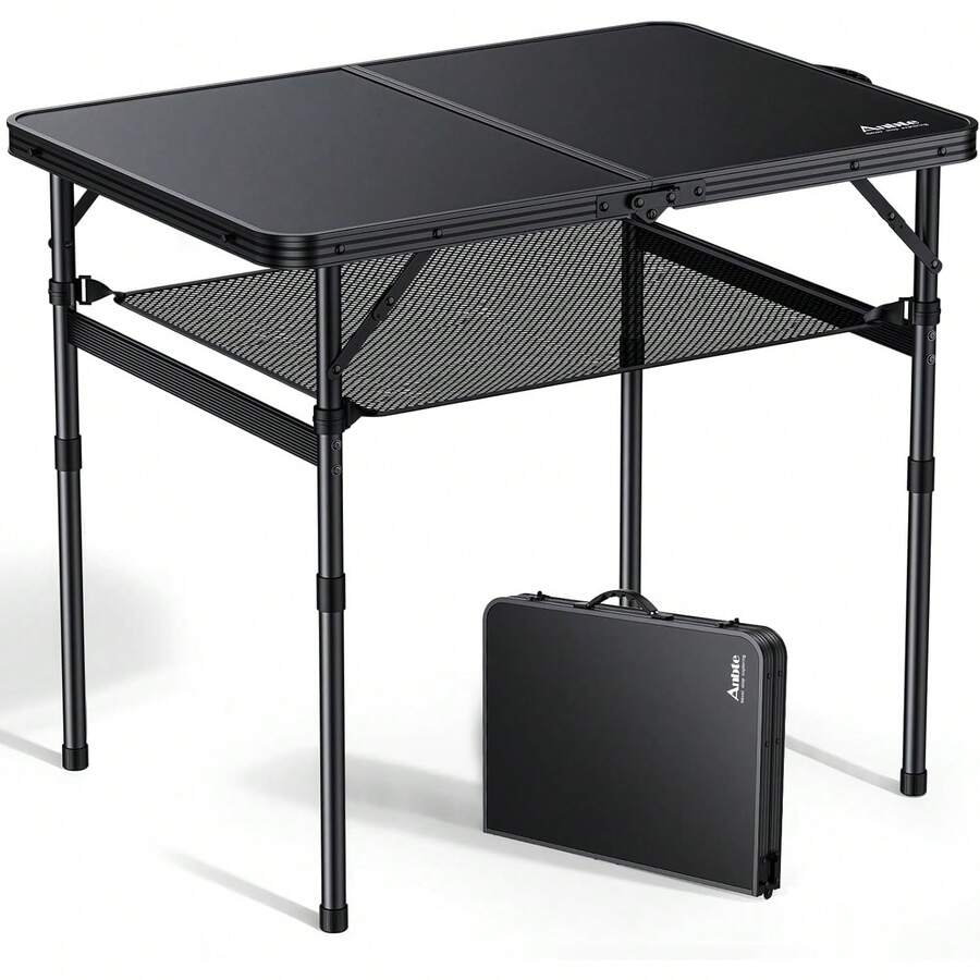 Anbte Mesa de camping plegable, mesa portátil de 36 x 24 pulgadas, altura ajustable máxima 28 pulgadas, con red de almacenamiento, mesa plegable de aleación de aluminio, ligera, asa portátil para viajes, exteriores, patio trasero (negro) - 1 - Ver 1