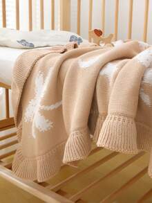1pc Baby Cotton Knitted Blanket, Stroller Blanket With Cartoon Palm Tree & Ruffle Edge, Suitable For All Seasons - Camel - View 2