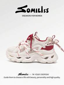 somiliss Women's 6cm Platform Soft Bottom Chunky Sneakers, Red & White Patchwork, Comfortable Lightweight Casual Sports Shoes, Fashion Versatile Daily Commute All Season Walking Shoes, 2026 New Arrival - Red and White - View 2