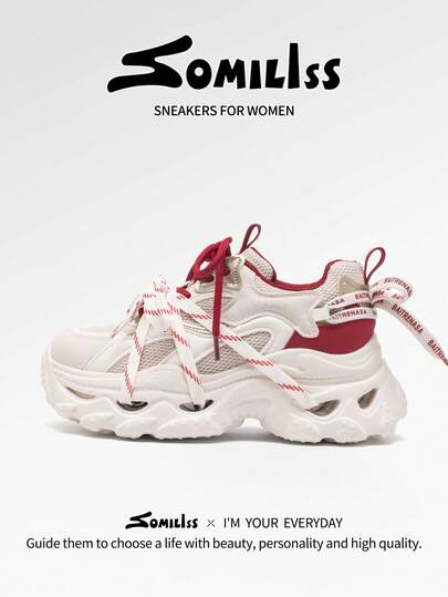 somiliss Women's 6cm Platform Soft Bottom Chunky Sneakers, Red & White Patchwork, Comfortable Lightweight Casual Sports Shoes, Fashion Versatile Daily Commute All Season Walking Shoes, 2026 New Arrival