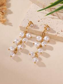 GEREIT 2pcs Minimalist Faux Pearl Tassel Long Earrings, Elegant Design, 18K Stainless Steel, Suitable For Women's Daily Wear - Gold - View 10