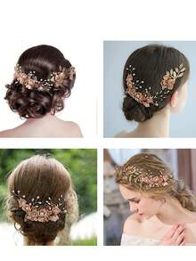 1pc Girls Champagne Pearl & Rhinestone Flower Hair Clip With Golden Leaves, Suitable For Flower Girl Or Bride Wedding - Champagne - View 5