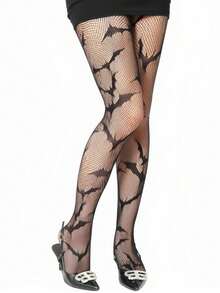 1双女士黑色蝙蝠哥特朋克风镂空网眼紧身裤，针织高弹性感网眼长筒袜/连裤袜/打底裤，性感优雅，适合派对穿着 - 黑色 - 查看 3